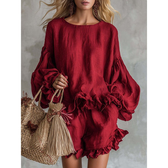 Loose-fitting Lantern-Sleeve Top And Shorts Two-Piece Set For Women 