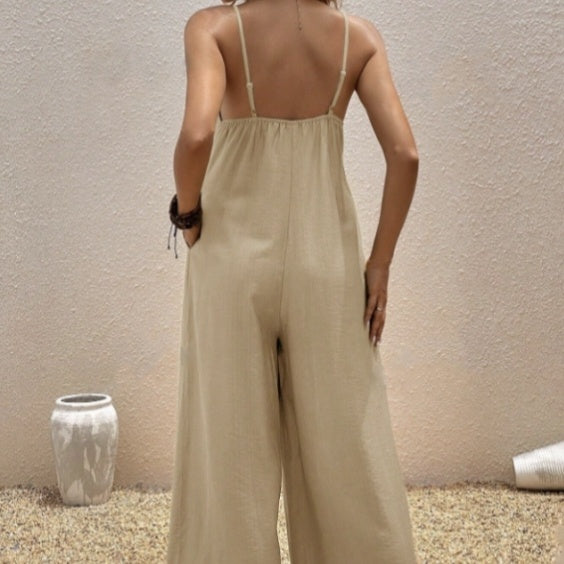 Women's V-neck Fashionable Casual Solid Color Suspender Jumpsuit CJ