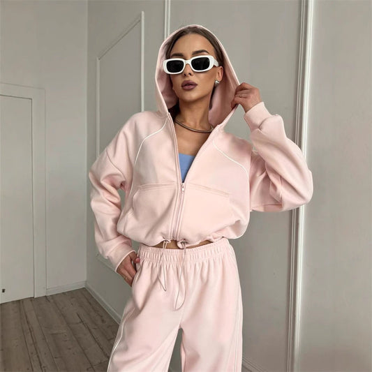 Women's Sportswear Set Solid Color Cardigan Set 