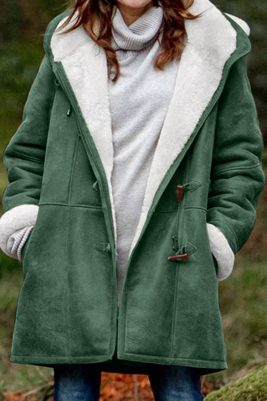 Sherpa-Lined Duffle Toggle Jacket with Hood — Warm Hooded Fleece Coat 