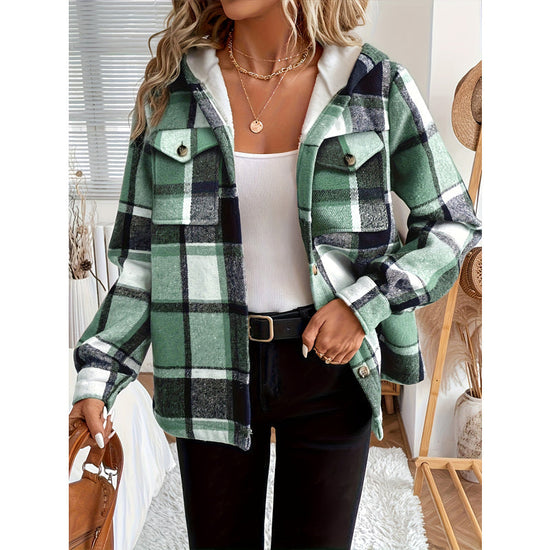 Women's Plaid Fleece Lined Hooded Jacket Button Front Long Sleeve Coat With Pocket For Autumn & Winter CJ US