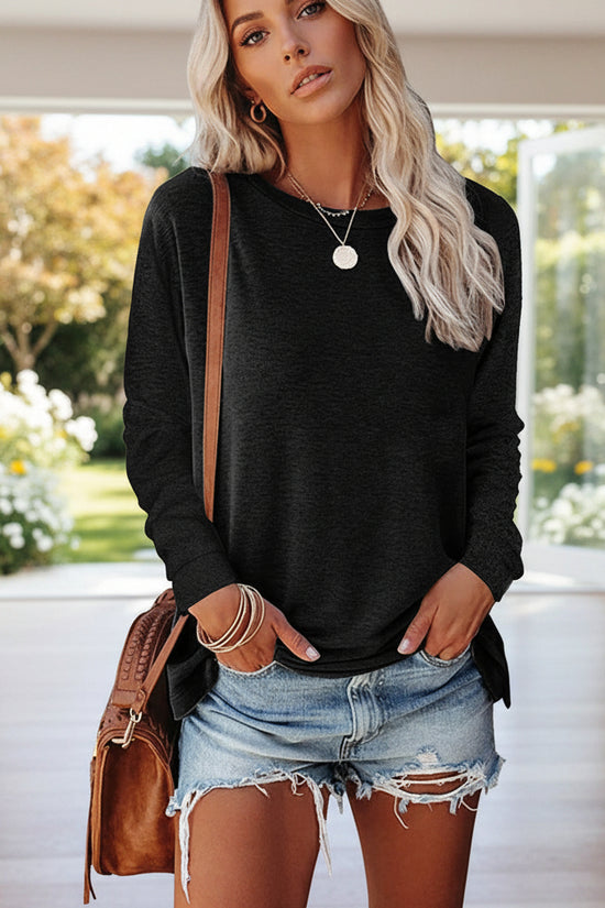 Womens Solid-Color Long-Sleeve Crew-Neck Pullover T-Shirt 