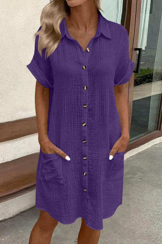 Casual Solid-Color Single-Breasted Mid-Length Short-Sleeve Dress 