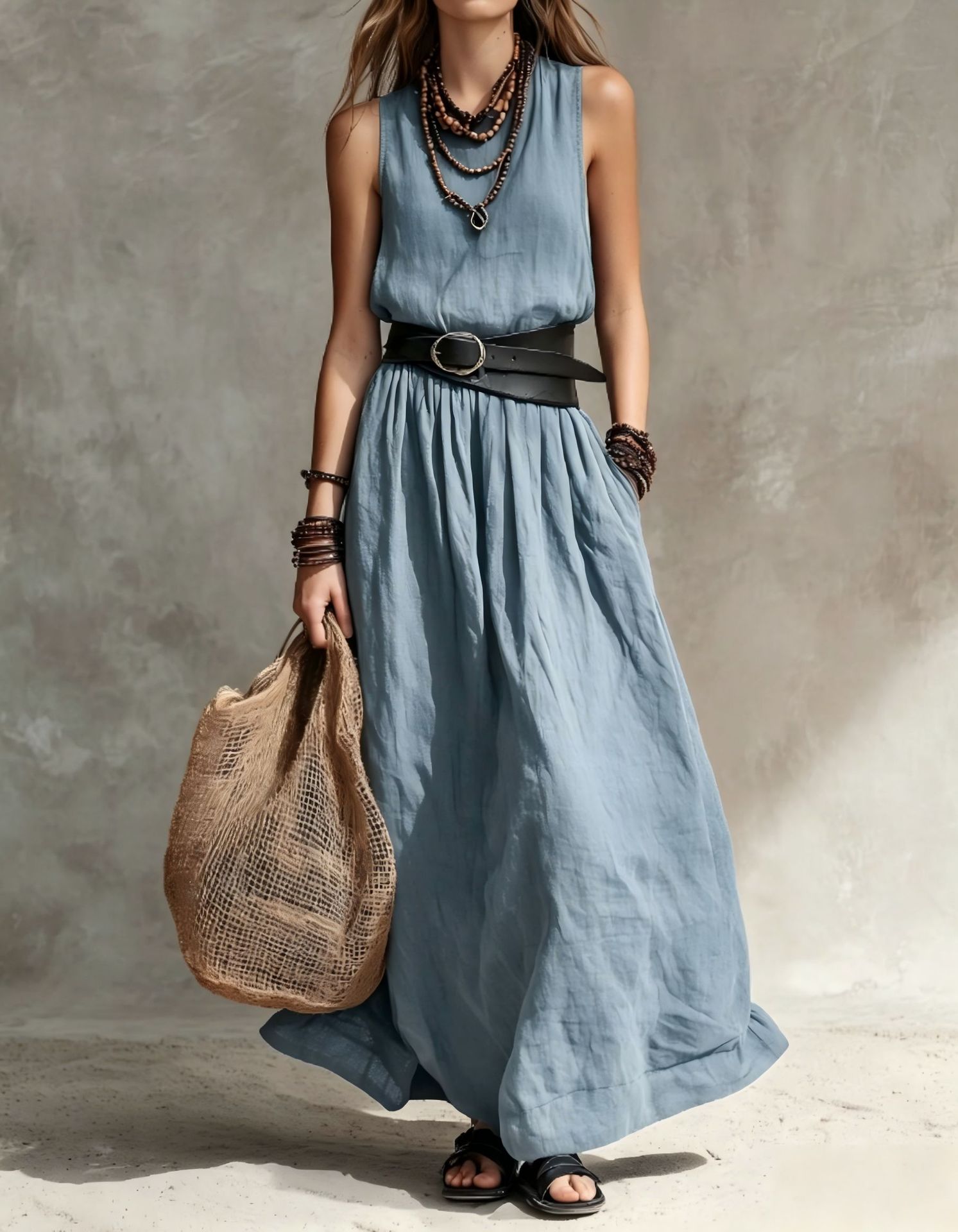Turn-down Collar Long Sleeveless Dress 