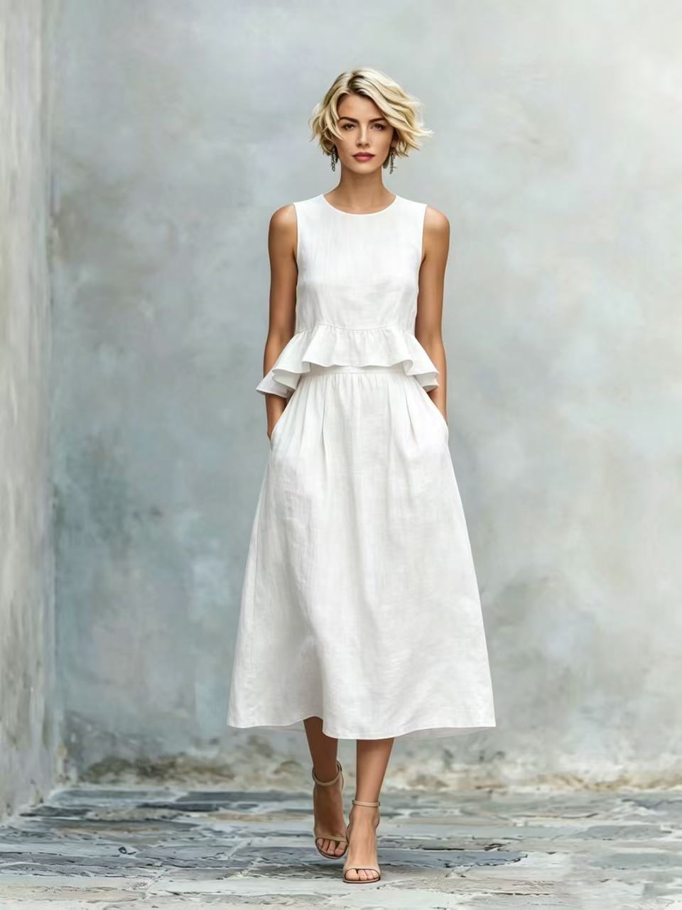 Sleeveless Crew-Neck High-Waisted Ruffle-Trim Resort-Style Dress 
