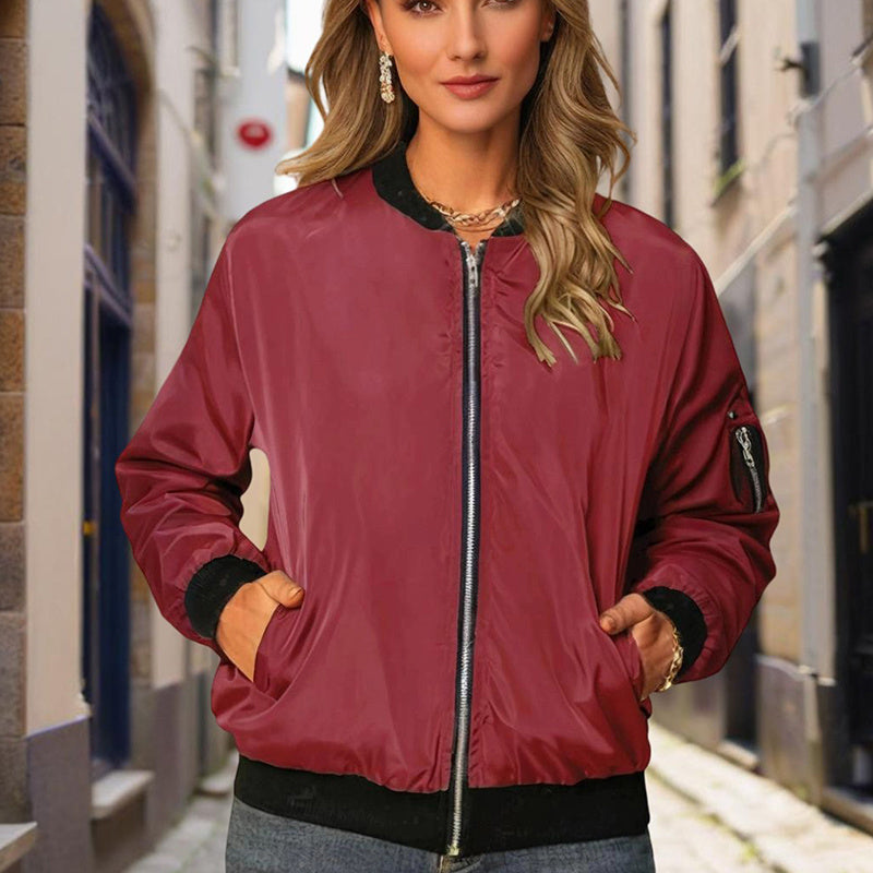 Women's Zippered Long-Sleeve Stand Collar Jacket Color-Blocked Spring & Fall Fashion Minimalist Top CJ