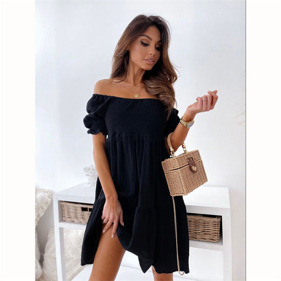 Casual One Word Collar Wrinkle Puff Sleeve Mid Dresses 