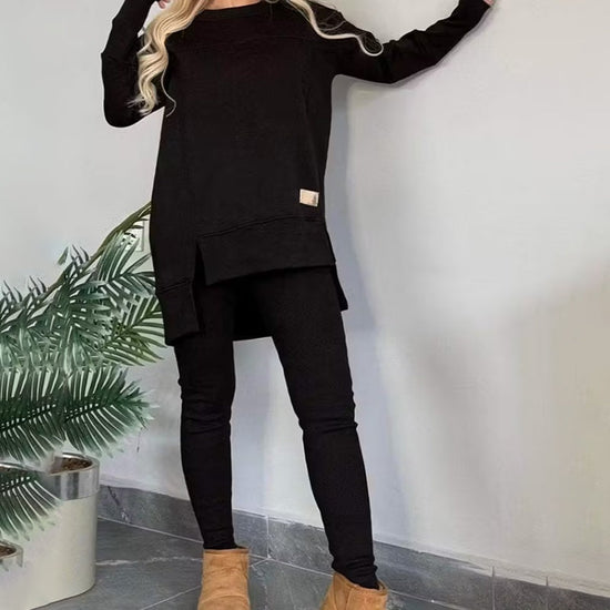 Women's 2-Piece Lounge Set, Casual Long Sleeve Side Slit Sweatshirt Outfit With Stretchy High Waist Leggings CJ US