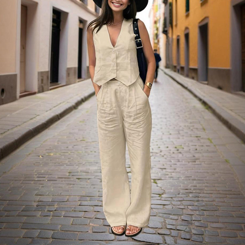 Women's Solid Color V-Neck Vest Two-Piece Set Button Front Vest Top With Pocket Pants For Spring & Summer Casual Outfit CJ US