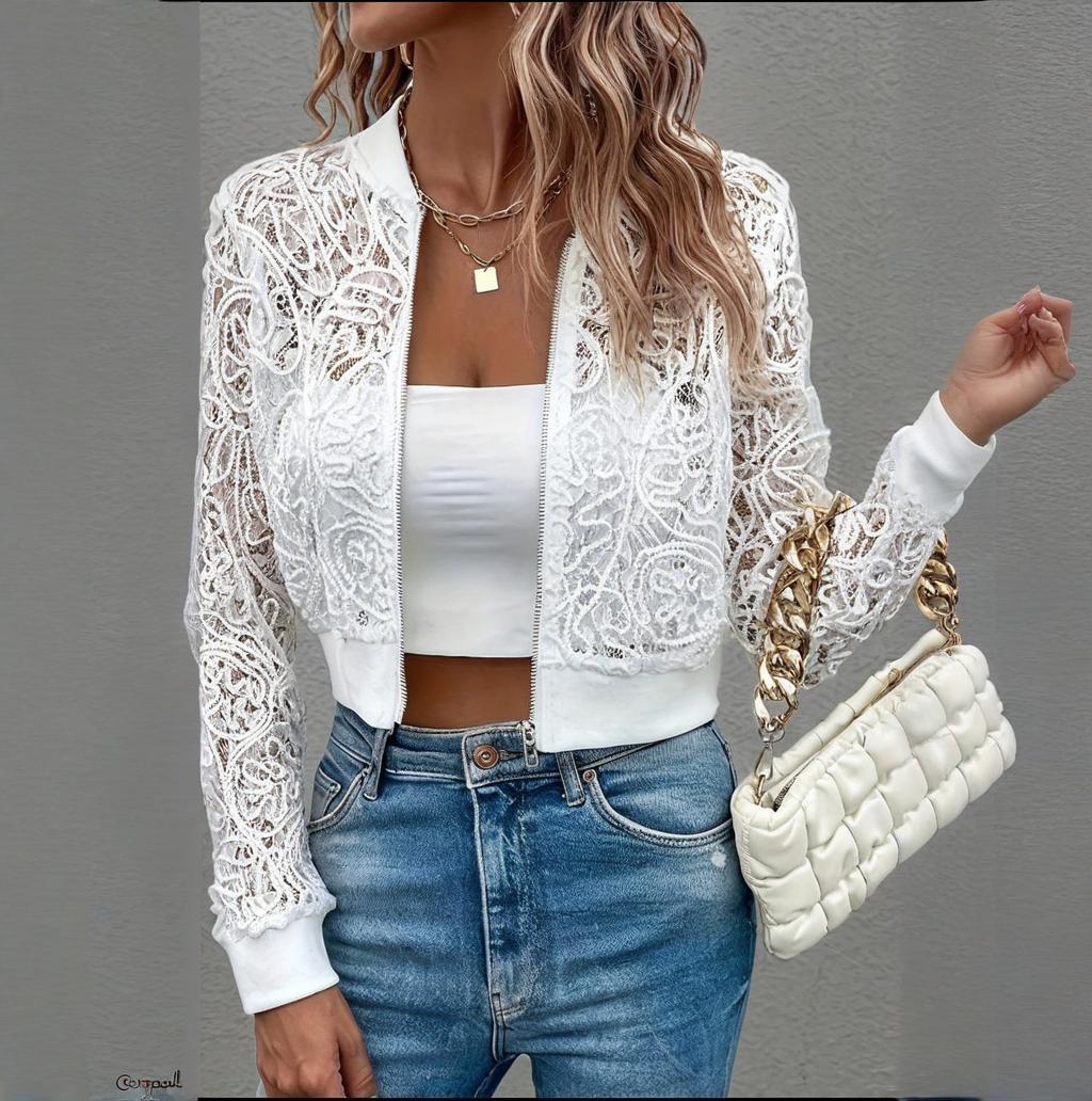 Women's Elegant Lace Short Zip-Up Long Sleeve Jacket For Formal & Everyday Outfits Spring Fall Top CJ US