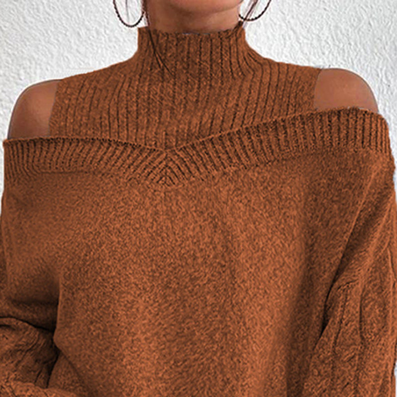 Women's Cold Shoulder Sweater - Sexy High Neck Cut Out Pullover Long Sleeve Top 