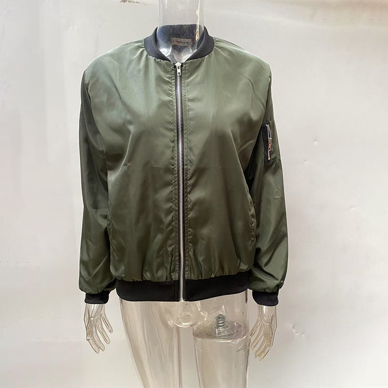 Women's Zippered Long-Sleeve Stand Collar Jacket Color-Blocked Spring & Fall Fashion Minimalist Top CJ
