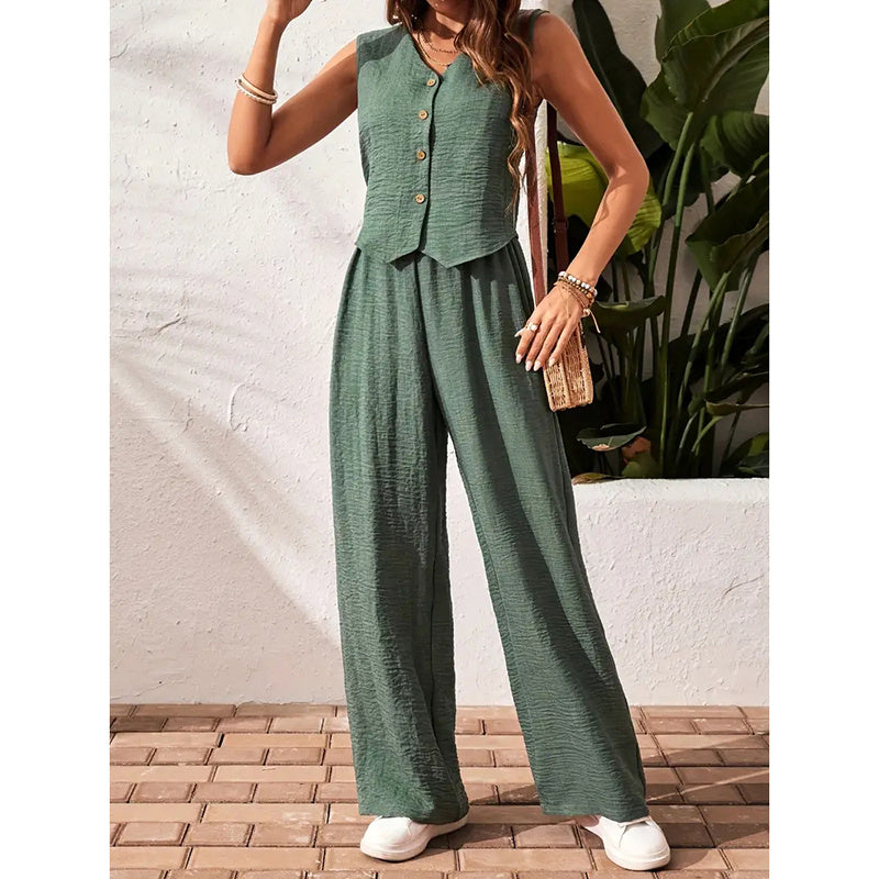 Womens Two Piece Outfits Summer Fashion Button V Neck Crop Vest Blazer And Wide Leg Pants Suit Matching Sets CJ US