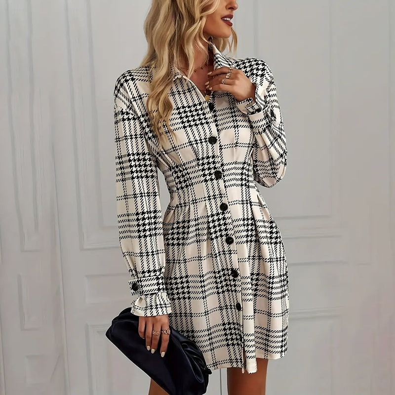 Women's Elegant Plaid Shirt Dress, Ruched Waist A-Line Mini Dress With Long Sleeves CJ US