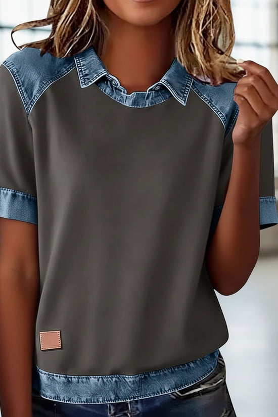 Patchwork Knitted Shirt Short-Sleeve Lapel Button-Up Shirt For Women 