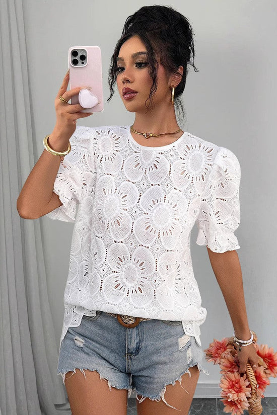 Casual Hollow-Out Lace Puff-Sleeve Shirt Top 