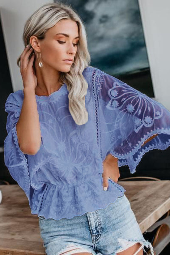 Womens New Arrival Lace Trim Top Short-Sleeve Shirt Loose Batwing Sleeve 