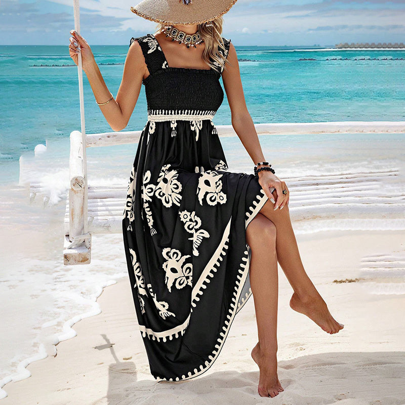Women's Wide Strap Printed Maxi Dress With Bust Pleats, A-Line Vacation Dress CJ US