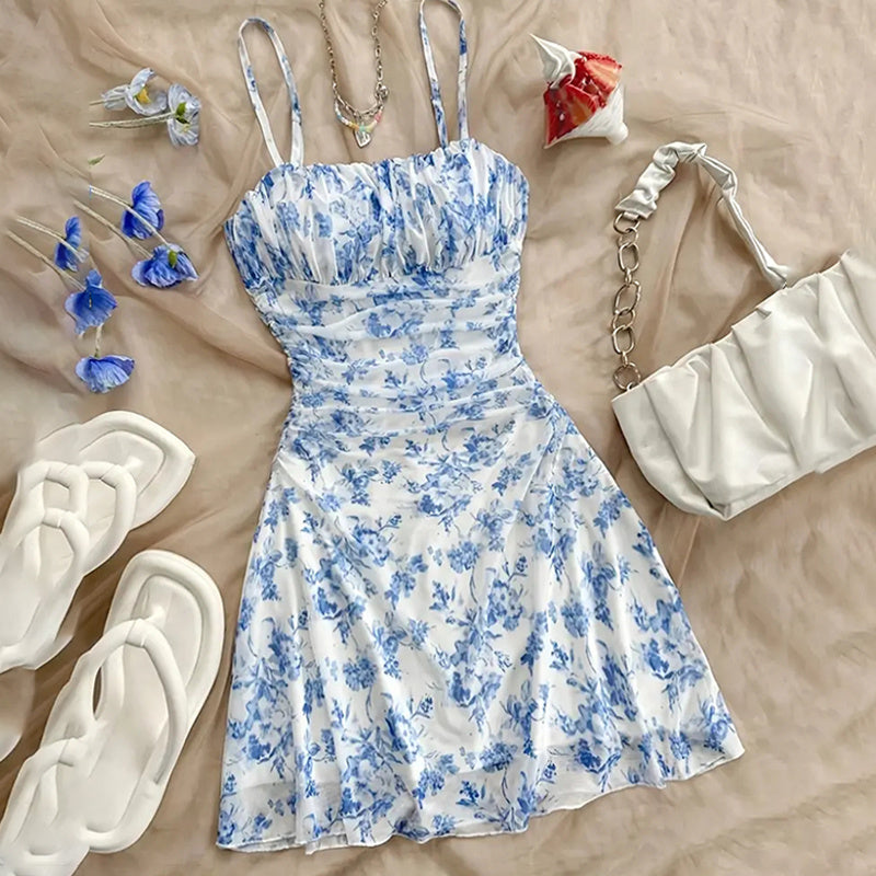 Women's Boho Floral Print Mini Dress Spaghetti Strap Ruched Ruffle Hem Vacation Sundresses CJ