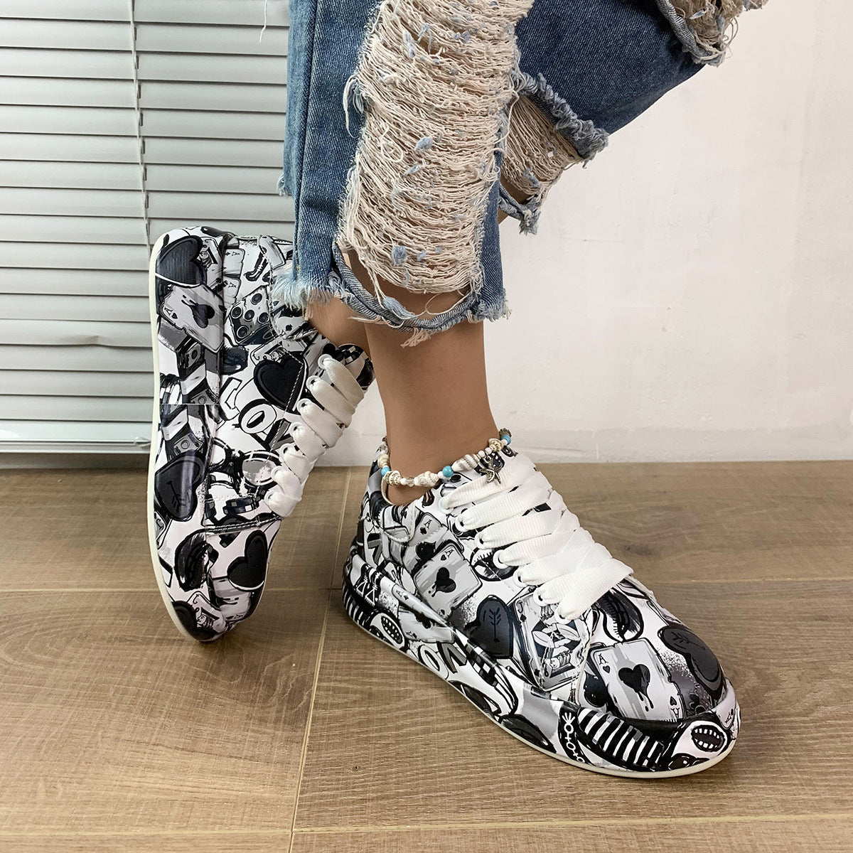Round-Toe Thick-Sole Lace-Up Sneakers — Women’s Casual Print Shoes 