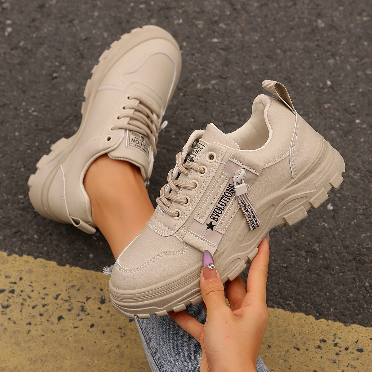Lace-up Sports Shoes With Side-Zipper Design Fashion Thick-soled Round-toe Casual Shoes For Women Sneakers CJ US