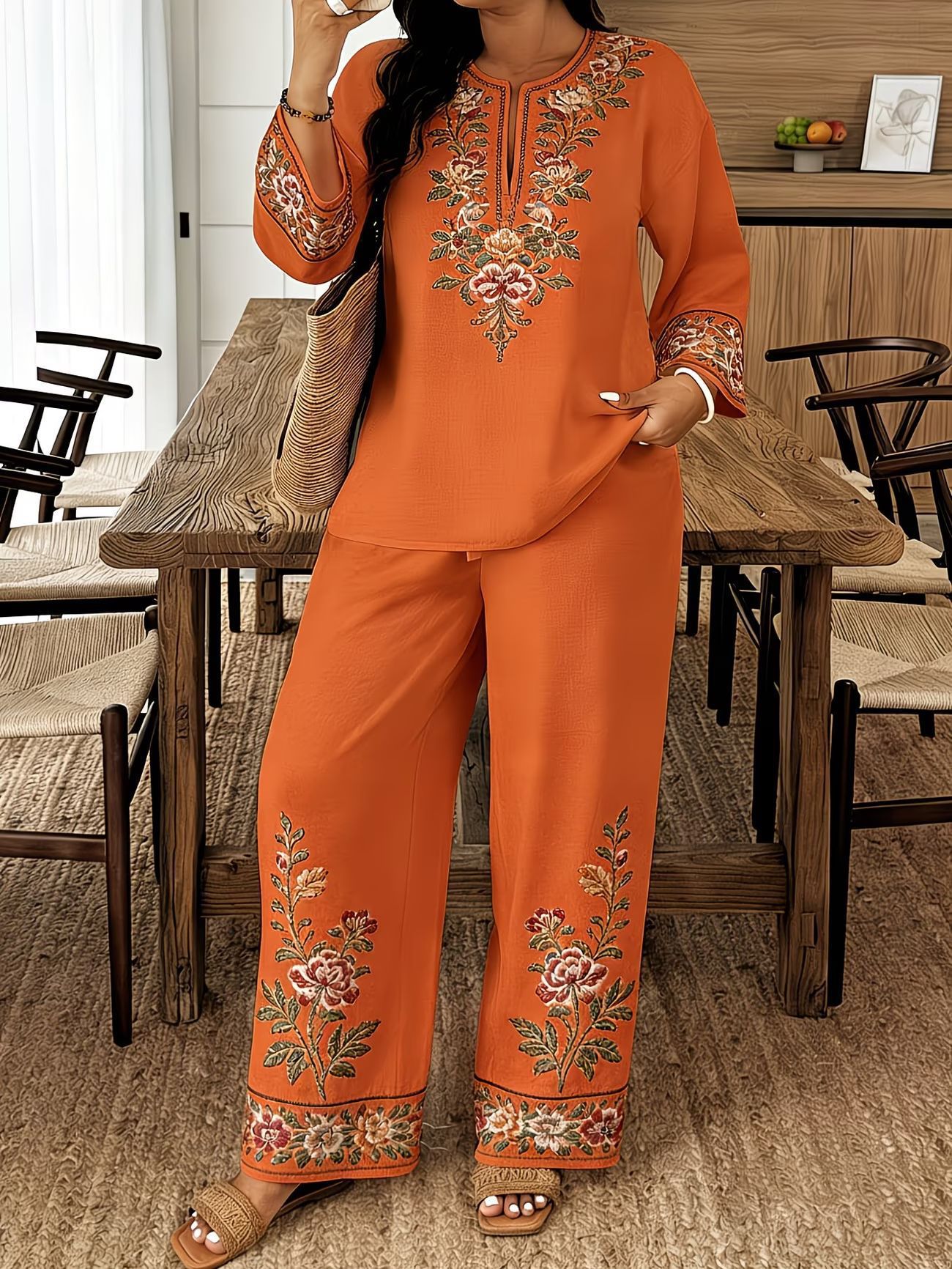 Long-sleeve Lace Floral Long-sleeve Ethnic-style Middle Eastern Set 