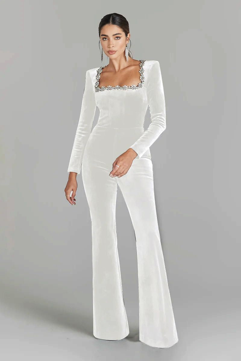 Diamond-encrusted Square Collar Long Sleeve Flared Jumpsuit CJ