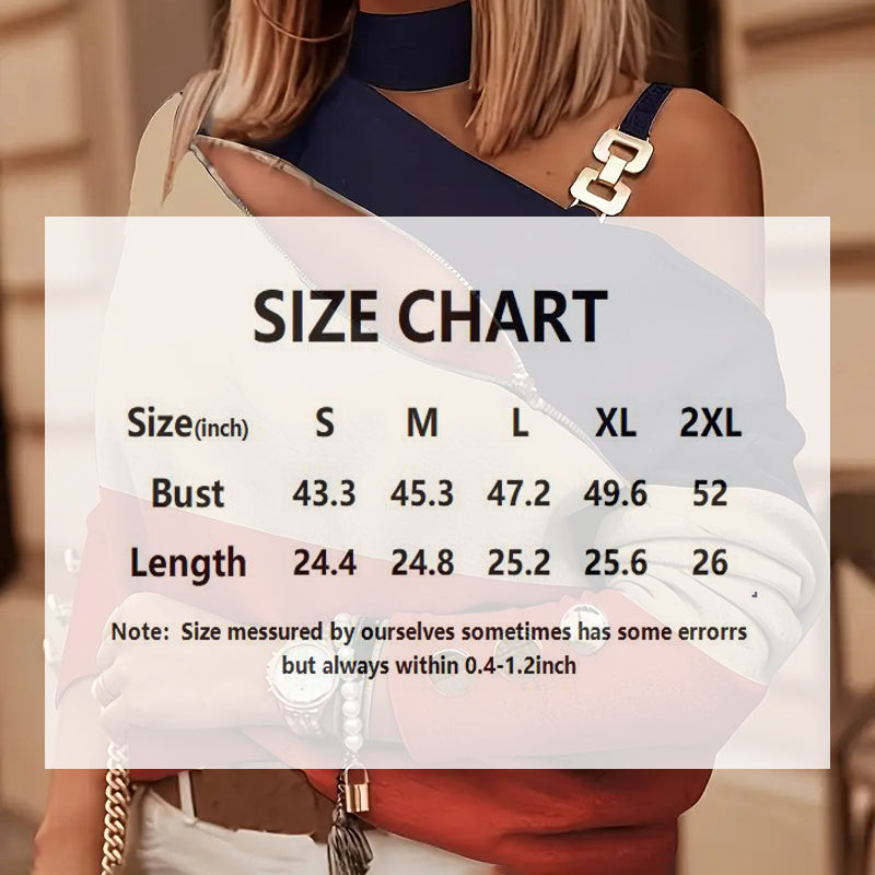Women's Elegant Zip-Front Blouse, Button Detail Cold Shoulder Top With Color-Block Design For Layering 