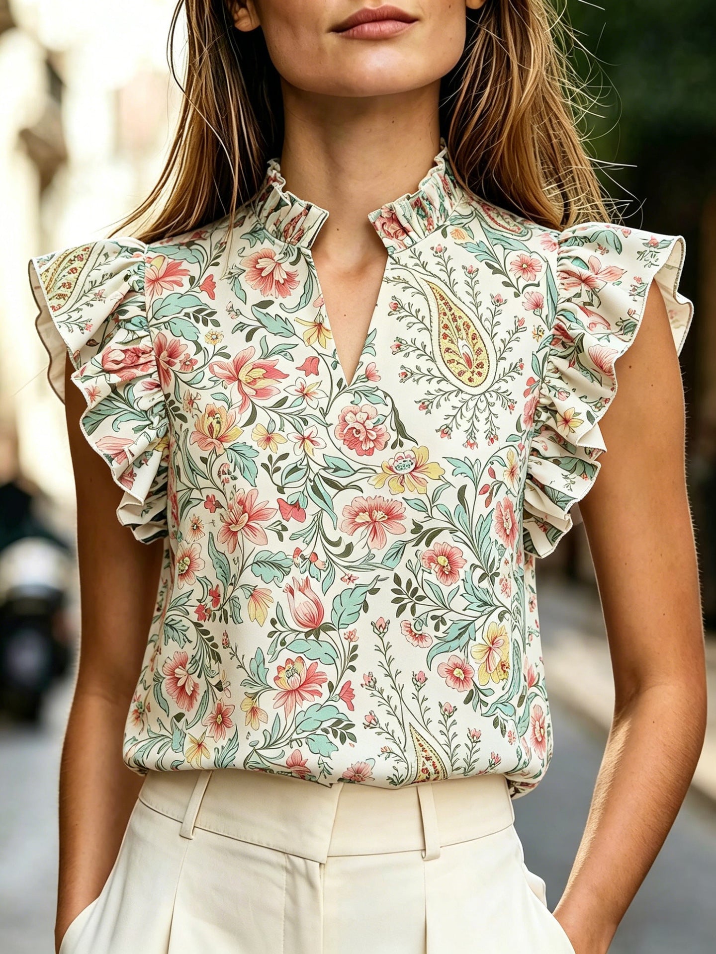 Women's Retro Ruffle-Trimmed Printed Sleeveless Shirt 