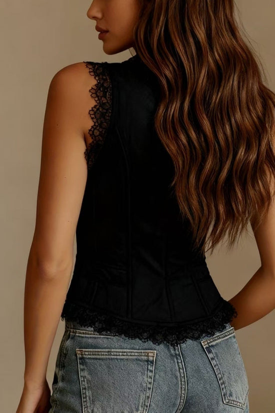 Lace Trim Button-Down Crop Tank Vest Women 