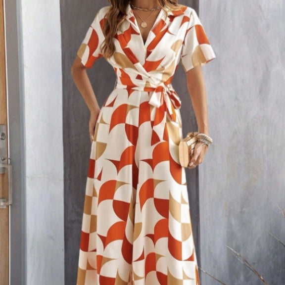 Women's Geometric Pattern Printed Lace Up Shirt Jumpsuit CJ