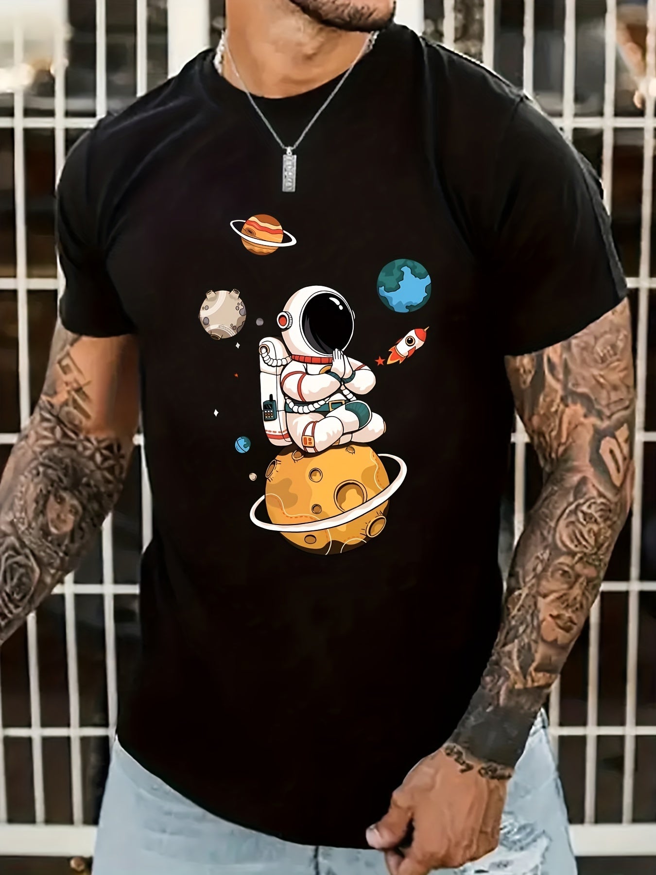Summer Men's Casual Street Style Elastic Round Neck T-shirt With Cartoon Astronaut And Planet Patterns CJ US