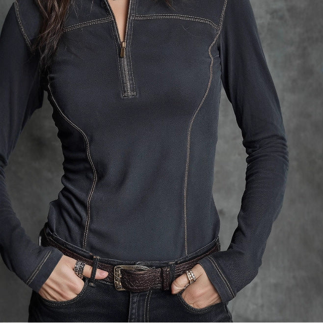 Women's Retro Stand Collar Half-Zip Long Sleeve 