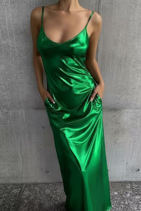 Textured Mirror-Finish Pocket Solid-Color Slip Dress With U-Neck For Women 