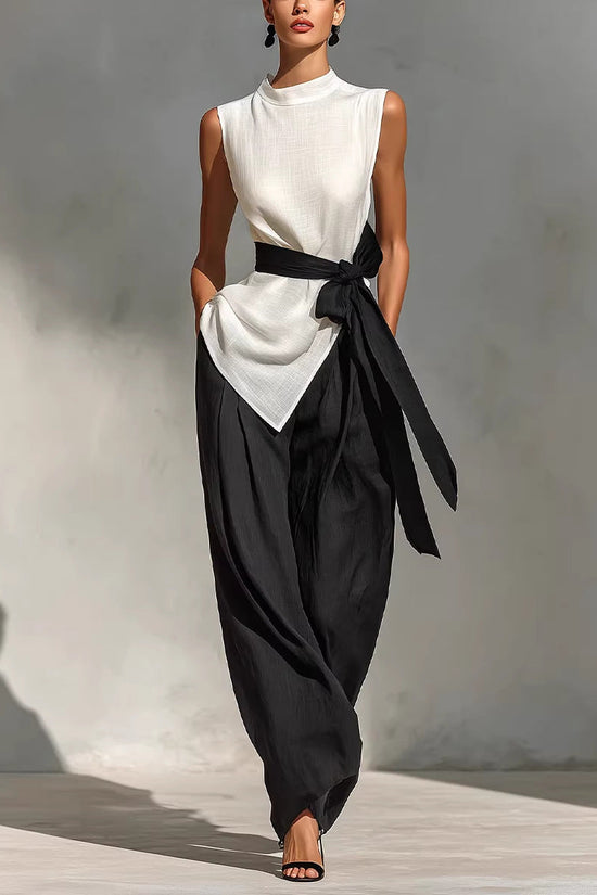 Womens Lace-Up Sleeveless Top And Wide-Leg Pants Two-Piece Set 