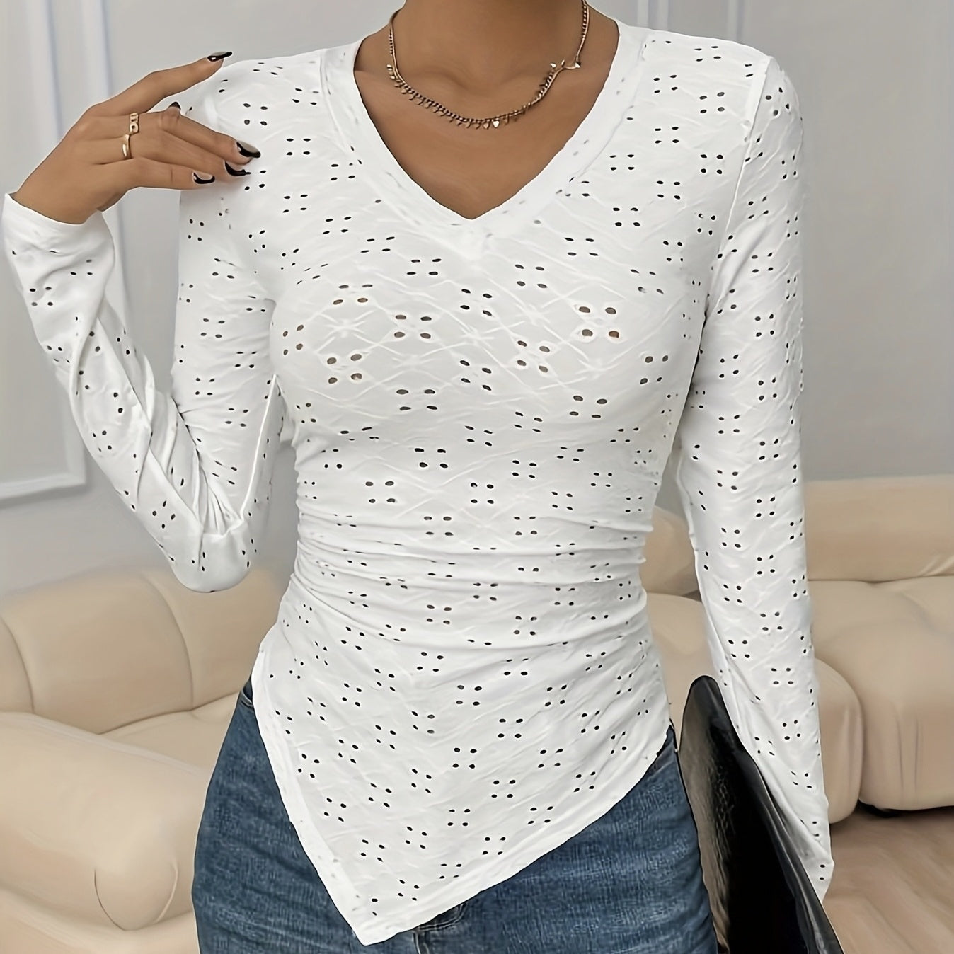 Ladies' Hollowed Out V-neck Fashionable Versatile Shopping Party Hem Irregular Design Elegant Long Sleeved T-shirt Top CJ