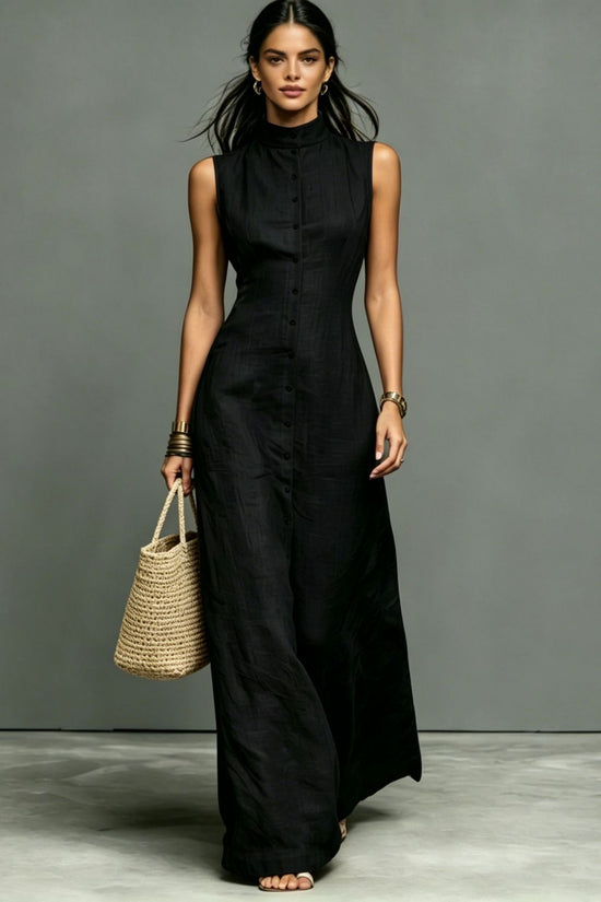 Blended Fabric Stand-up Collar Single-breasted Sleeveless Maxi Dress 