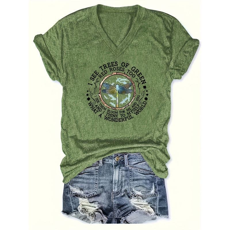 Women's V-Neck Dragonfly & Letter Print Short Sleeve T-Shirt Casual Summer Top CJ