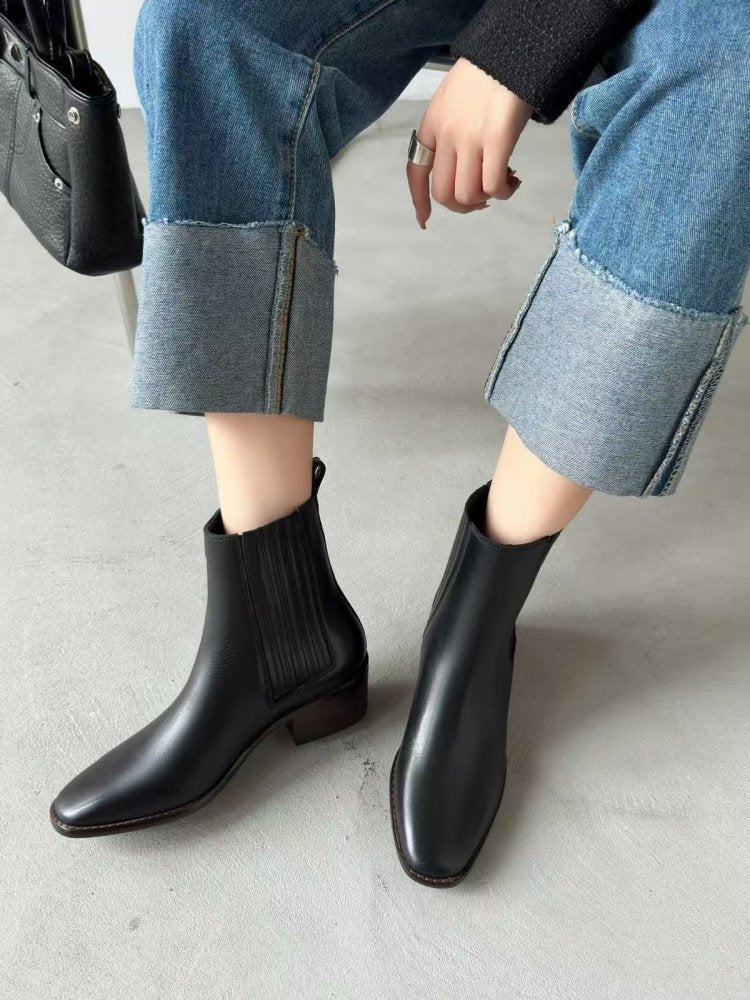 Mid-heel Chunky-heel Retro Square-toe Matte Leather Womens Boots 