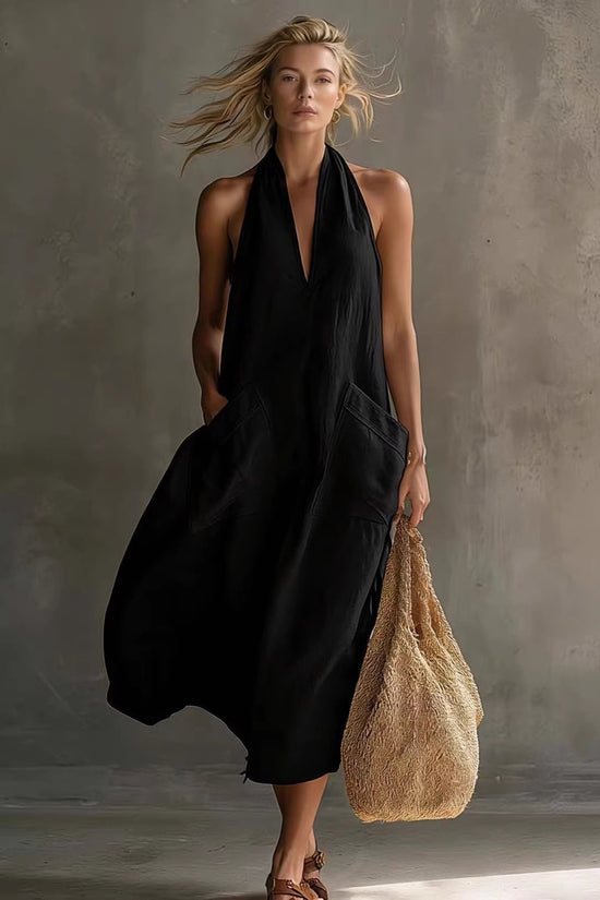 Casual Retro V-Neck Slip Linen Dress 