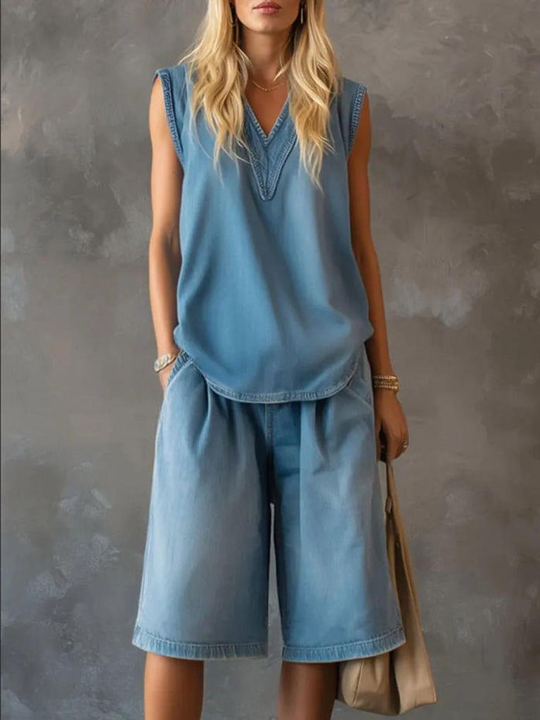 Womens V-neck Sleeveless Loose Top And Casual Wide-leg Shorts Set 