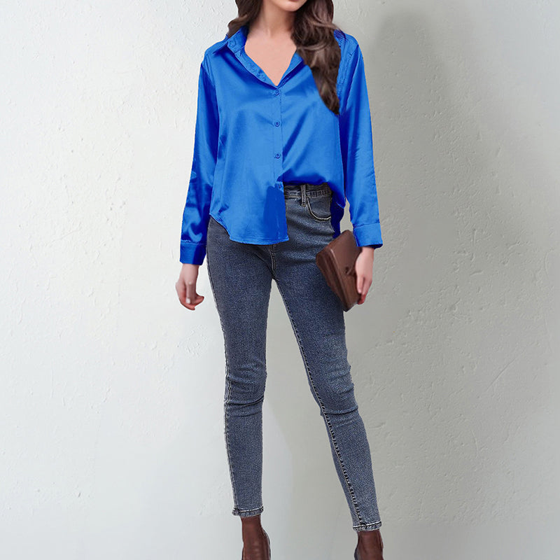 Women's Elegant Satin Lapel Shirt, Long Sleeve Button-Down Blouse For Casual And Office Wear 