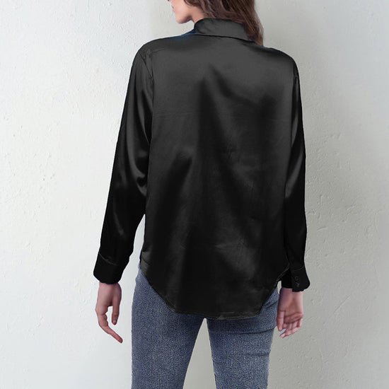 Women's Elegant Satin Lapel Shirt, Long Sleeve Button-Down Blouse For Casual And Office Wear 