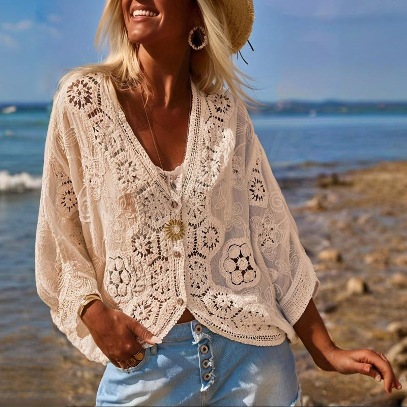 Women's V-Neck Button-Up Lace Cardigan Semi-Sheer Geometric Pattern Mid-Long Sleeve Lightweight Beach Spring&Summer Fashion CJ US