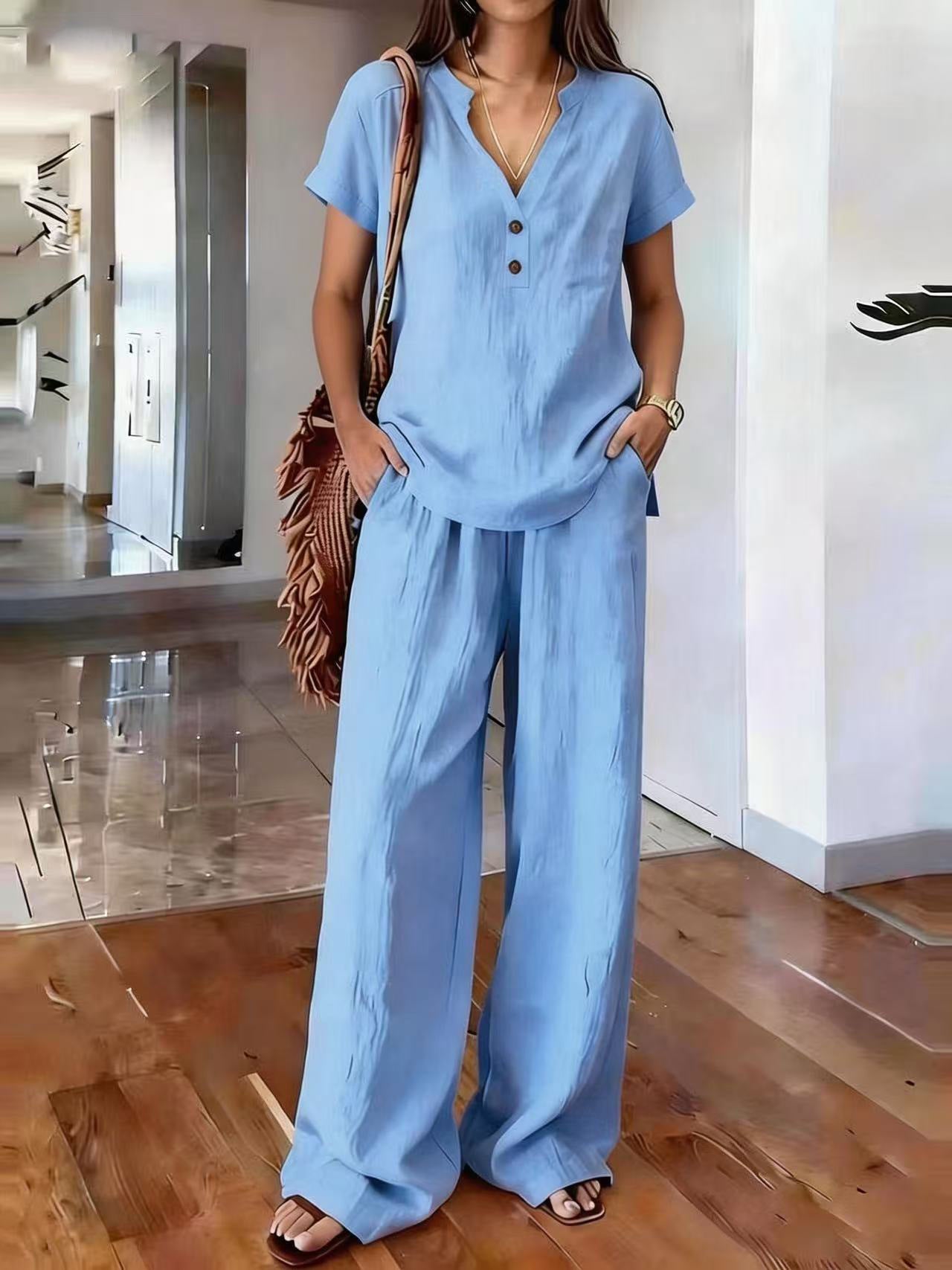 Women's Casual Solid-Colored Cotton And Linen Set 