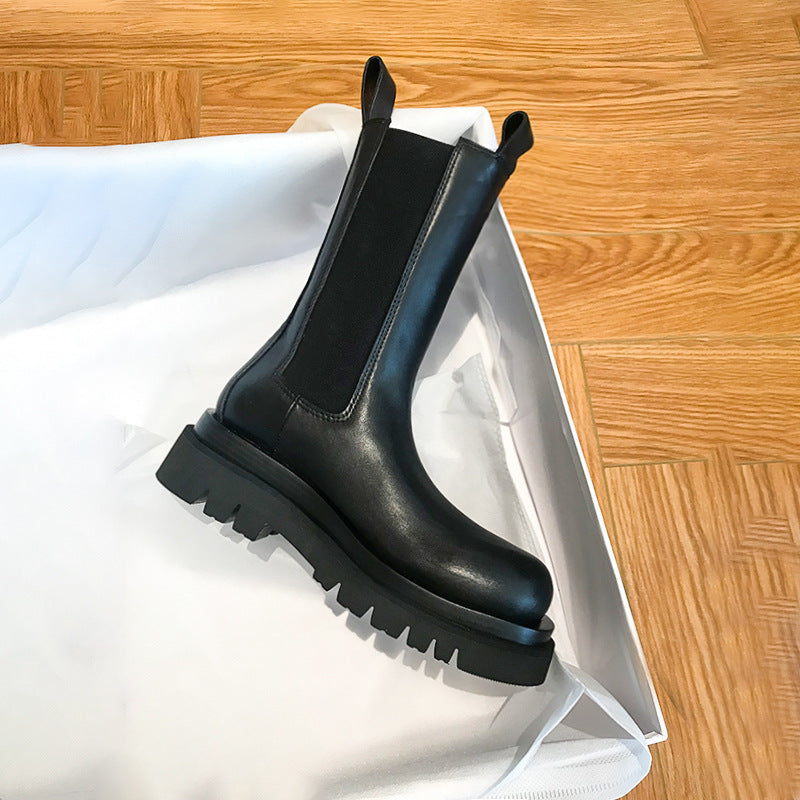 Mid-calf Thick-soled Women's Leather Boots In British Style 