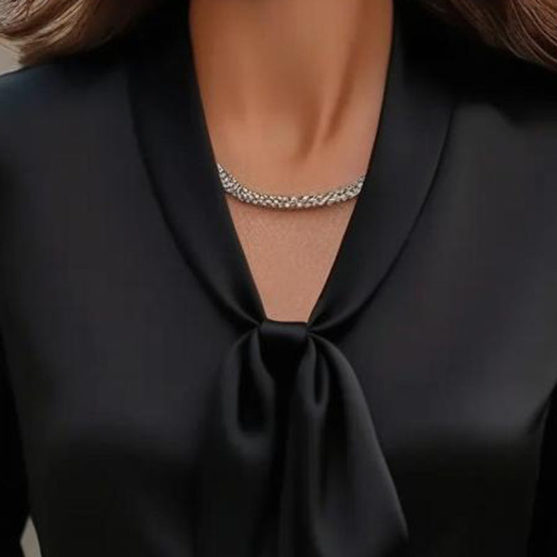 Elegant Satin Ribbon Blouse — Long Sleeve Button-Down Work Shirt CJ US