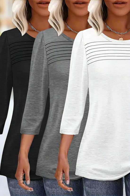 Women's 3-Pack 3 4 Sleeve Tunic Tops, Round Neck Pleated Blouse, Dressy Casual Shirts For Spring Summer Fall CJ US