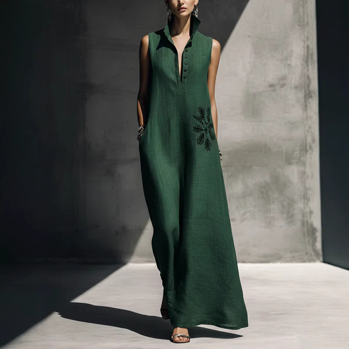 Heat-transfer Graphic Pocket Casual Mandarin-collar Cotton-linen Dress 
