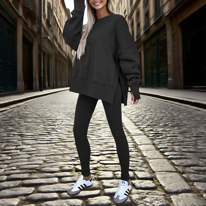 Women's Solid Color 2-Piece Set Casual Tracksuit, Long Sleeve Crewneck Sweatshirt With Side Slits & Slim Fit Jogger Pants CJ US